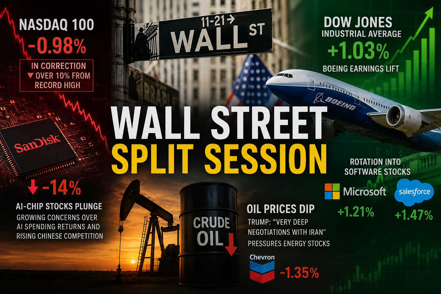 Nasdaq 100 Correction Deepens as AI-Chip Gloom Spreads, Dow Rises on Earnings, Oil Slips