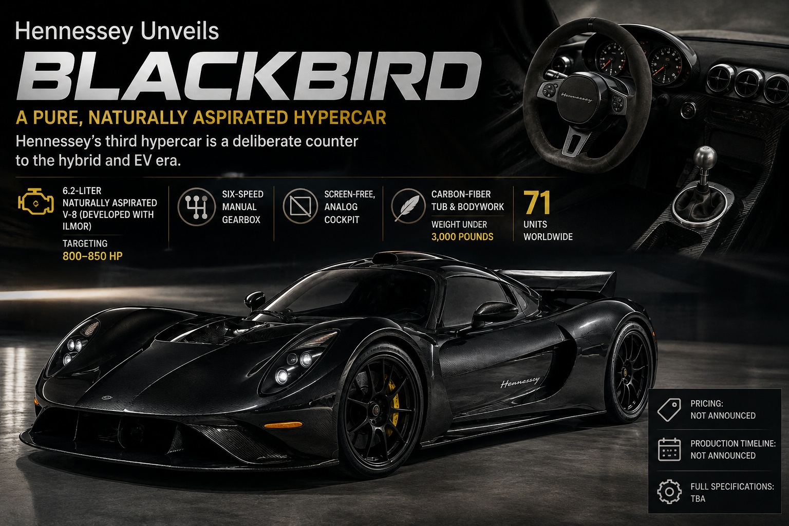 Hennessey Blackbird Hypercar: 800+ HP NA V-8, Six-Speed Manual, Zero Screens